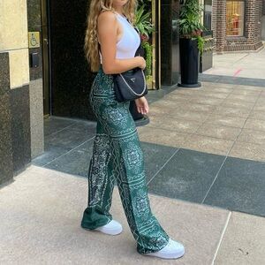 Zara Green Patterned Wide-Leg Pants